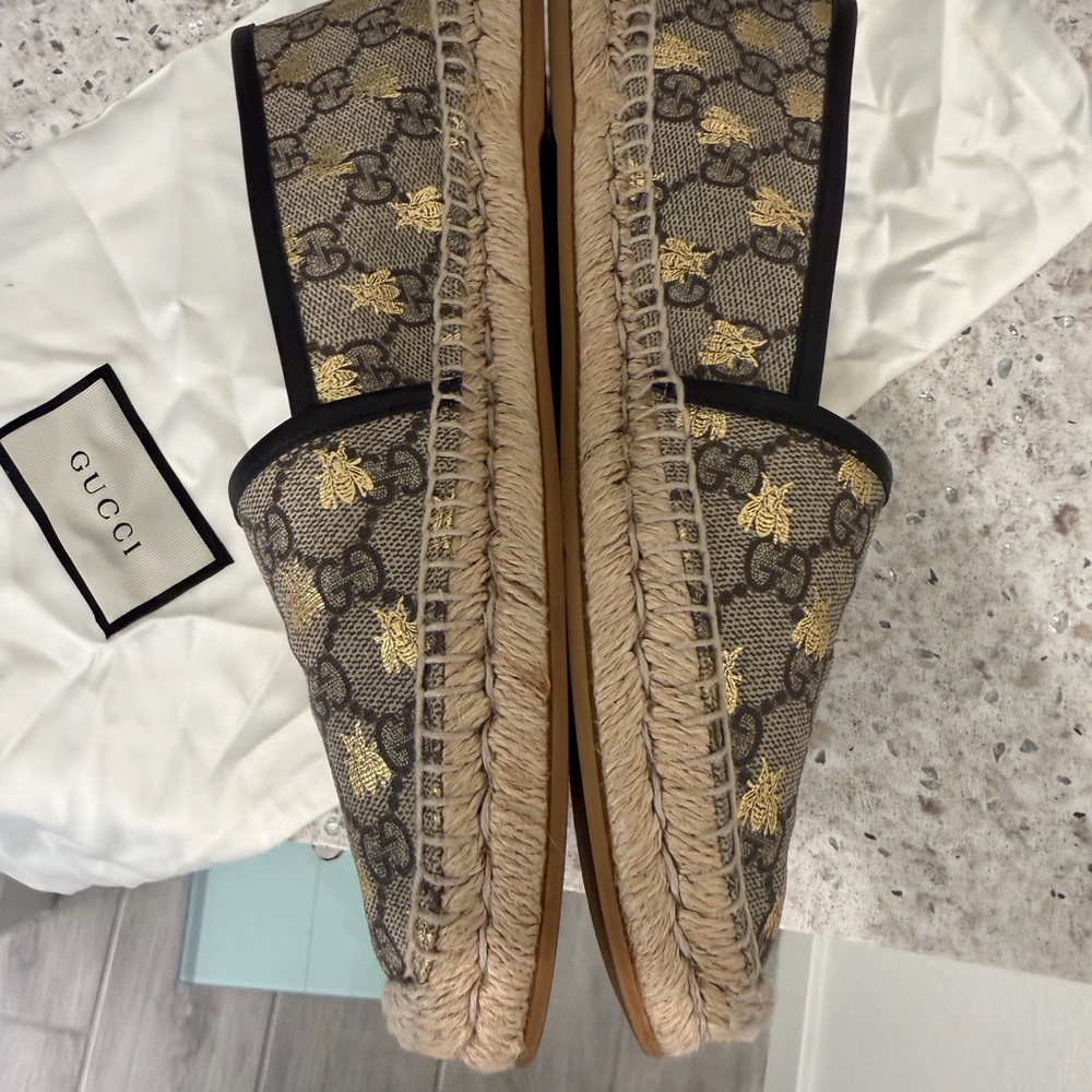 Gucci Brown & Gold Monogram Bee Espadrille Flats - Picture 2 of 8